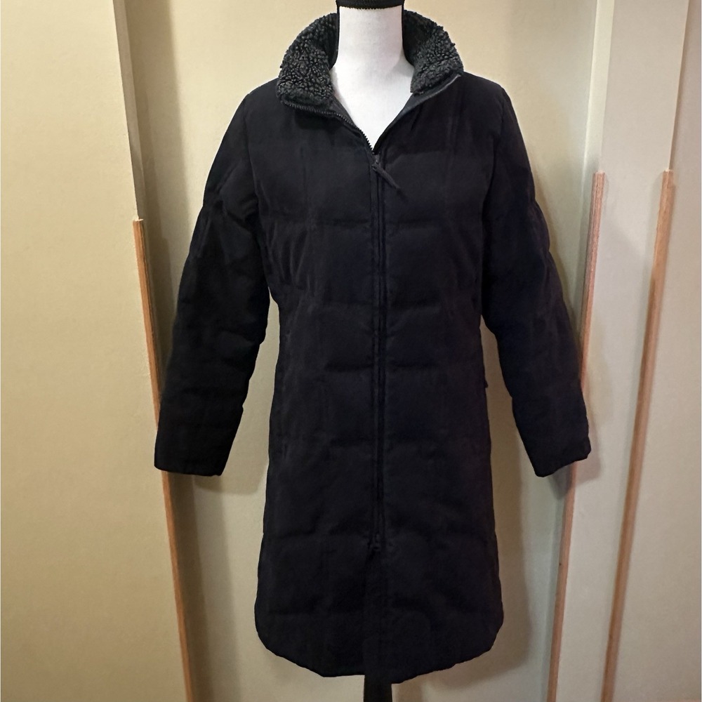 LL Bean Down Coat Womens Small‎ Black Quilted Puffer Full Zip Sherpa Collar